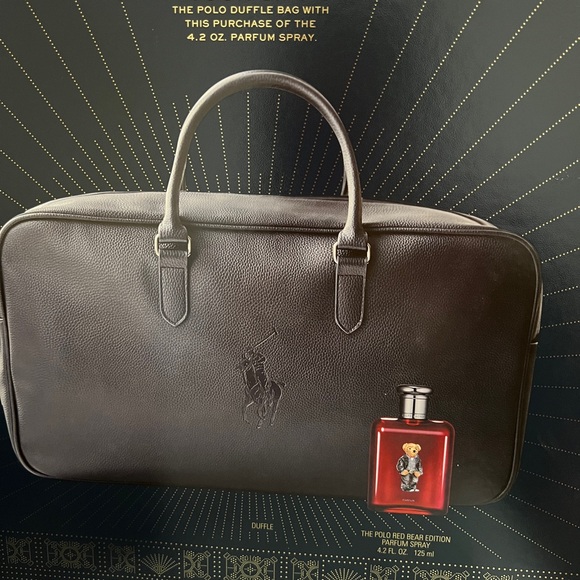 Polo by Ralph Lauren Red Parfum and Blue Leather Men's Duffel Bag - Picture 2 of 6